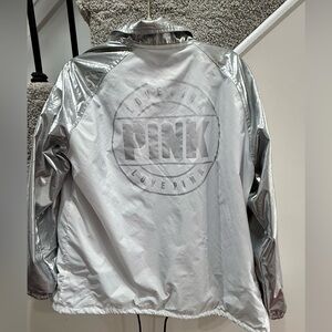 PINK Victoria's Secret Metallic Silver and White Varsity Jacket size L